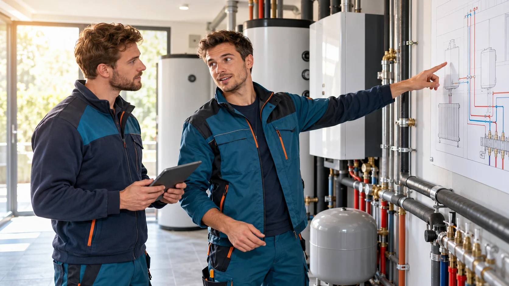 Zwei SHK-Techniker im Gespräch an einer modernen Heizungsanlage